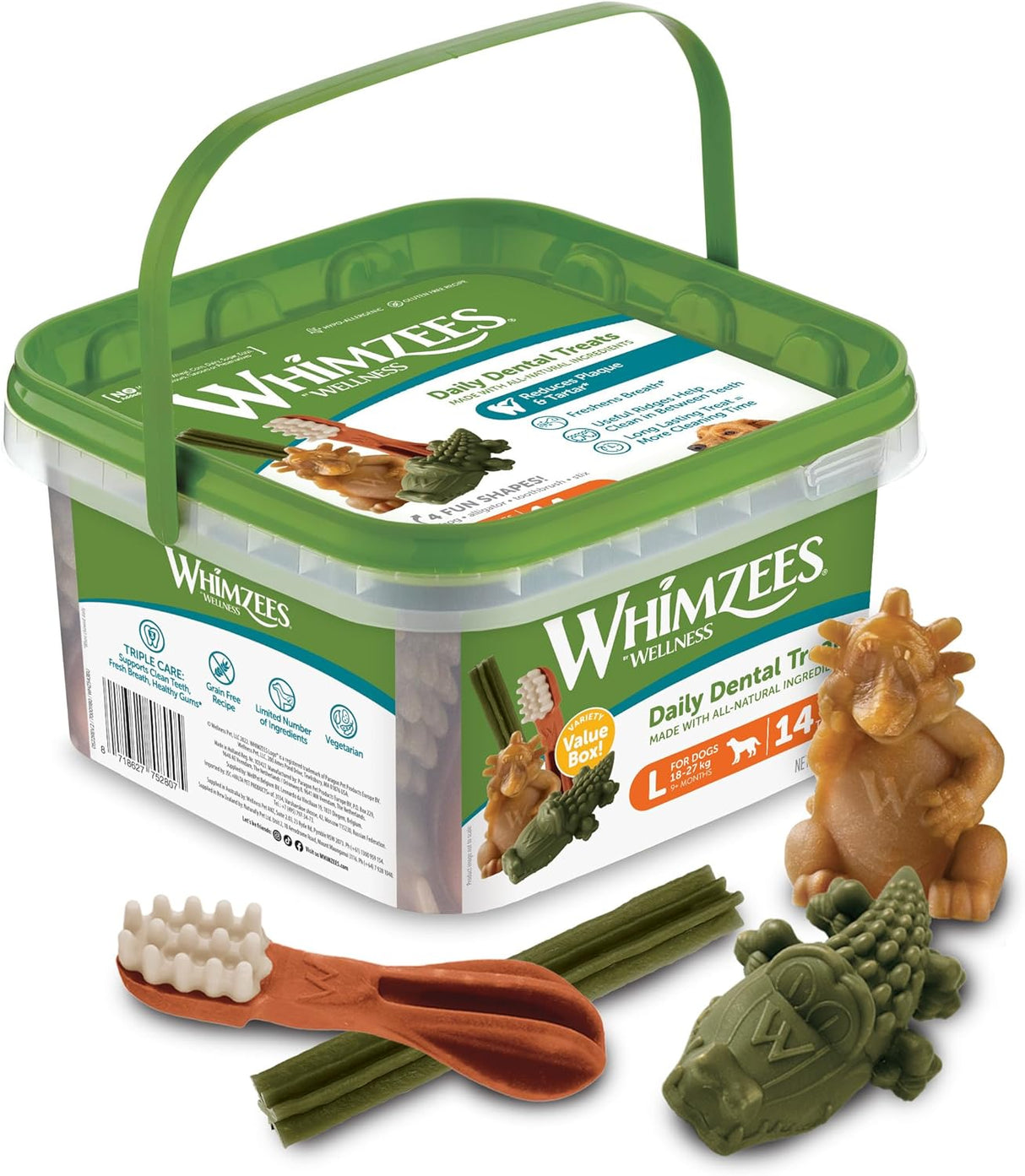 WHIMZEES by Wellness Gemischte Vielfaltsbox, Natürliche, Getreidefreie Zahnpflegesnacks, Kaustangen Für Kleine Hunde, 14 Stück, Größe L