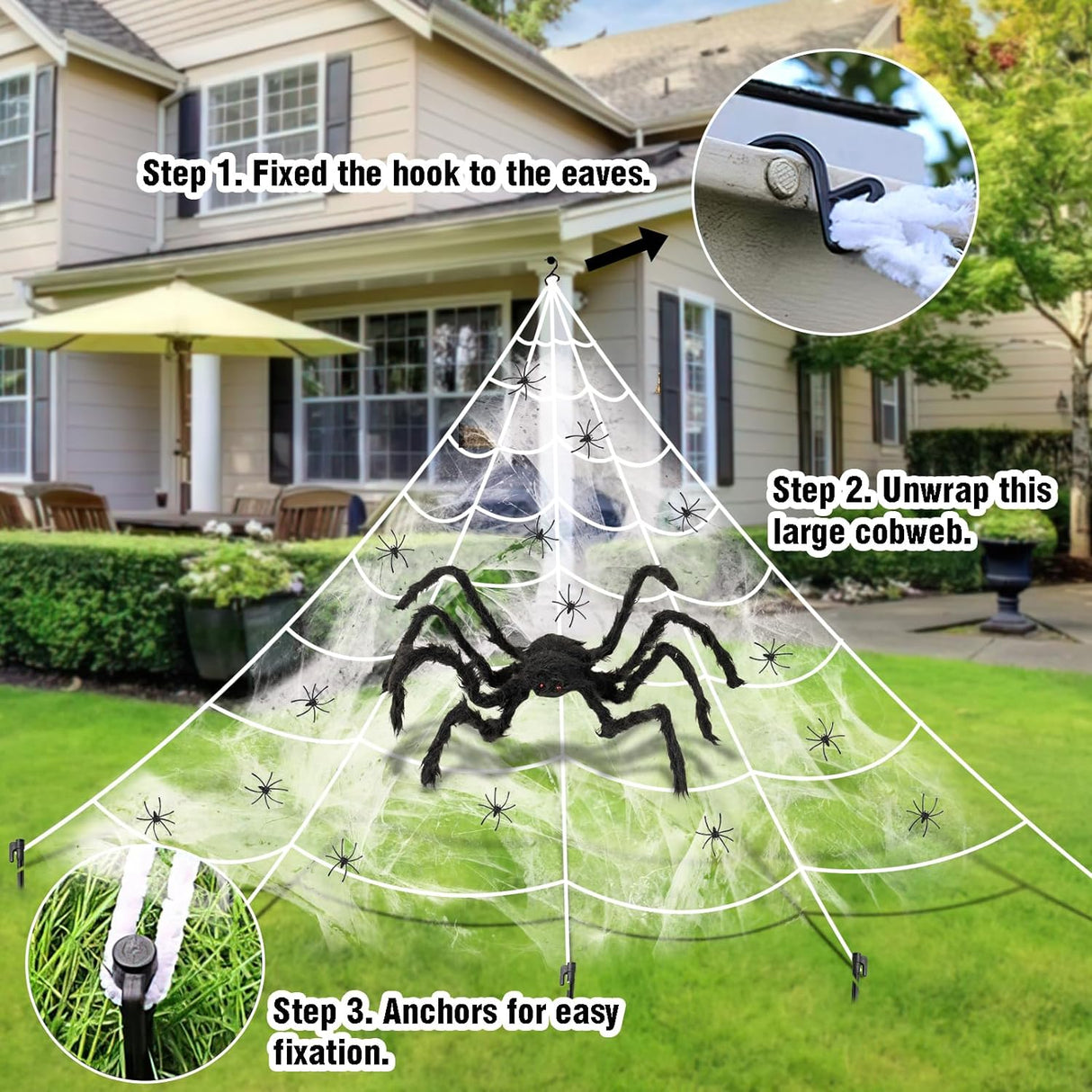 Spider Web Halloween Decoration Outdoor - 16.4Ft Giant Spider Web with Blue Lights, 40G Stretch Spiderweb and 36“ Black Spider for Scary Halloween Yard Garage Lights Outdoor Decorations