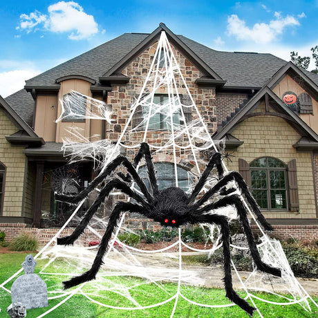 Halloween Decorations Outdoor Spider Webs: 1Pcs Giant Spiders - 200'' Triangular Web with Hook - Stretch Web and Ground Stakes for Large Halloween Decor and Haunted House Decoration