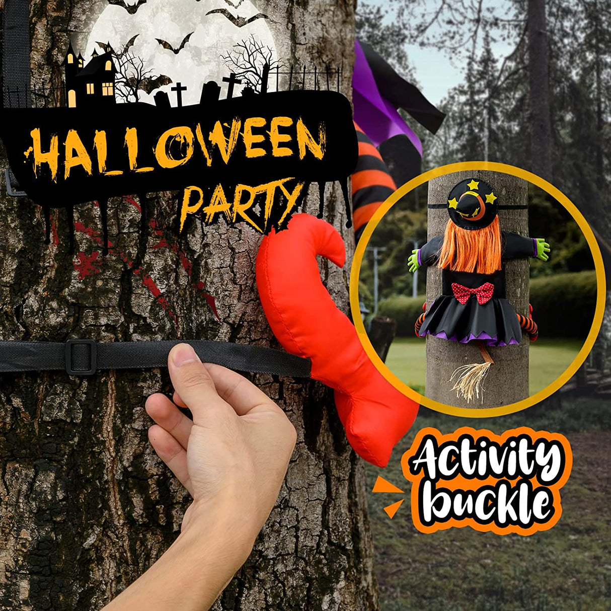 Crashing Witch Decor, Halloween Decorations Clearance Outdoor Witch Props Ornaments, Hanging into Tree/Porch Pole/Door/Indoor/Yard, with Adjustable Band, outside Garden Funny Witches Flying Crashed