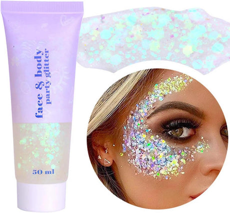Body Glitter Gel 50Ml, Mermaid Sequins Chunky Glitter Liquid Kit, Long-Lasting Glitter Powder for Festival Masquerade Birthday Makeup#White