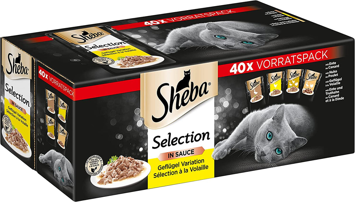 Sheba Katzennassfutter Selection in Sauce, 40 Portionsbeutel, 40X85G (1 Großpackung) – Katzenfutter Nass, Geflügel Variation Mit Ente, Huhn, Geflügel Und Truthahn