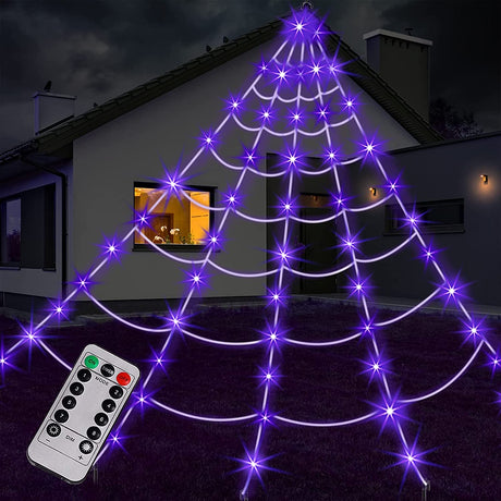 Spider Web Halloween Decoration Outdoor Lights, 125 Purple LED Light up 16.4Ft Giant Spiderweb & 22 Small Fake Spiders & 20G Stretch Cobweb, 8 Modes Remote Control Lighted Decor for Yard Outside