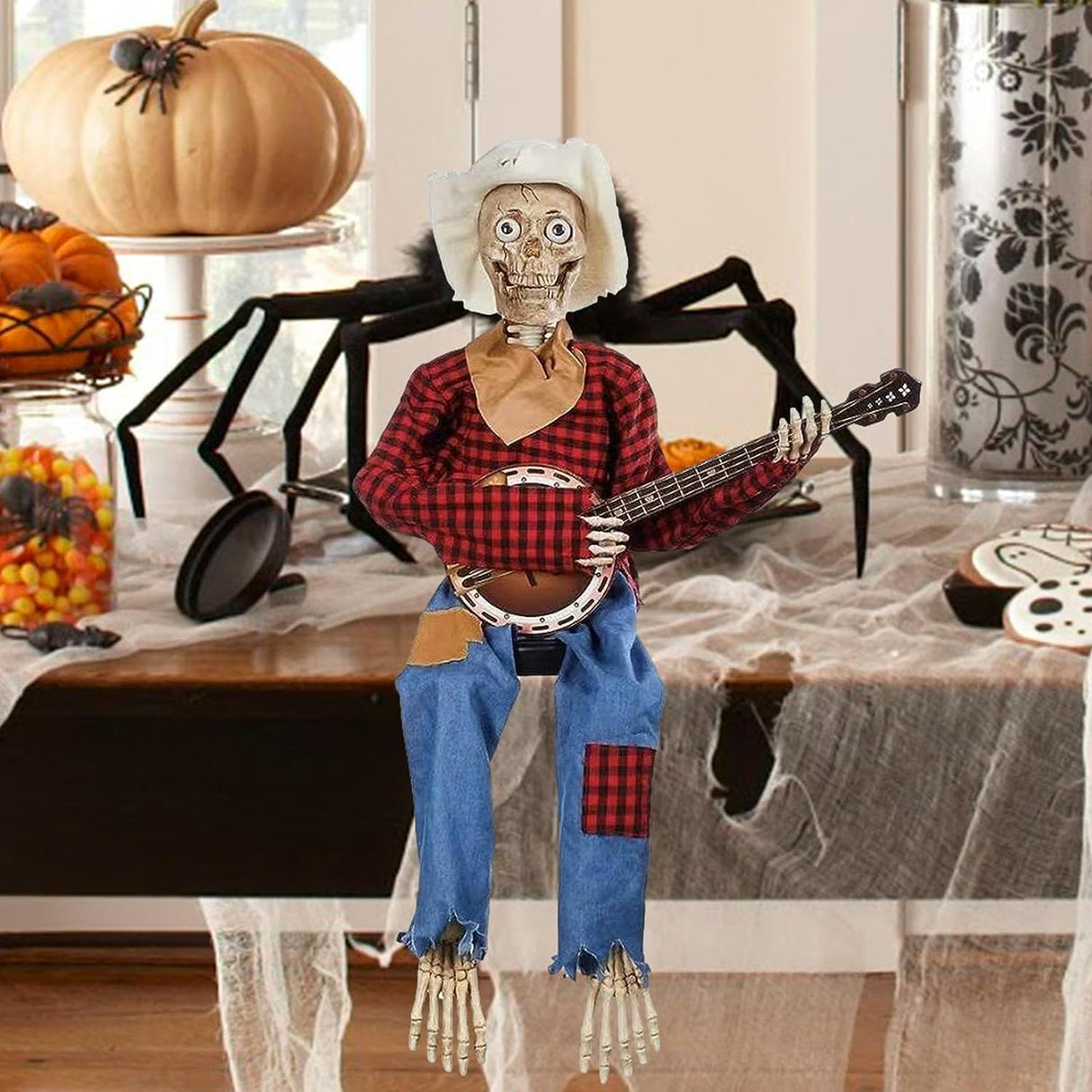 Halloween Animierte Banjo-Skelette, Lustige Banjo-Skelett-Statue, Halloween Herbst Innendekor Halloween Deko Totenkopf Deko, 40X10X4.5Cm.