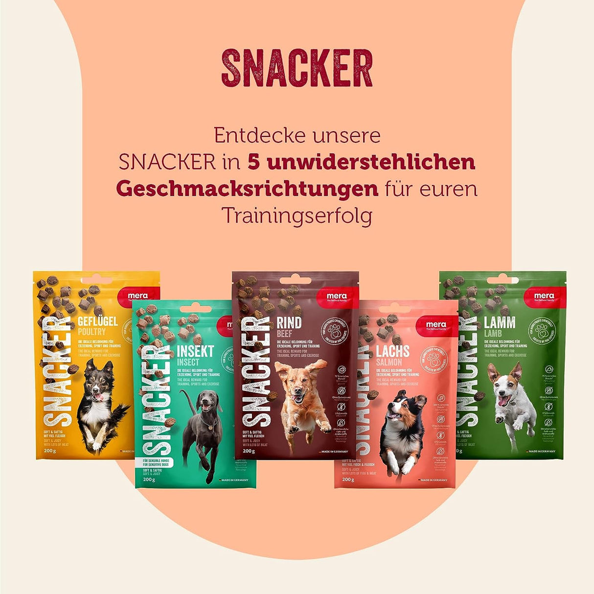 MERA Snacker Mix-Pack Ohne Getreide (6 X 200G), Herzhaft Softe Hundeleckerli Für Training Oder Als Snack, Mit Geflügel, Lamm Und Rind