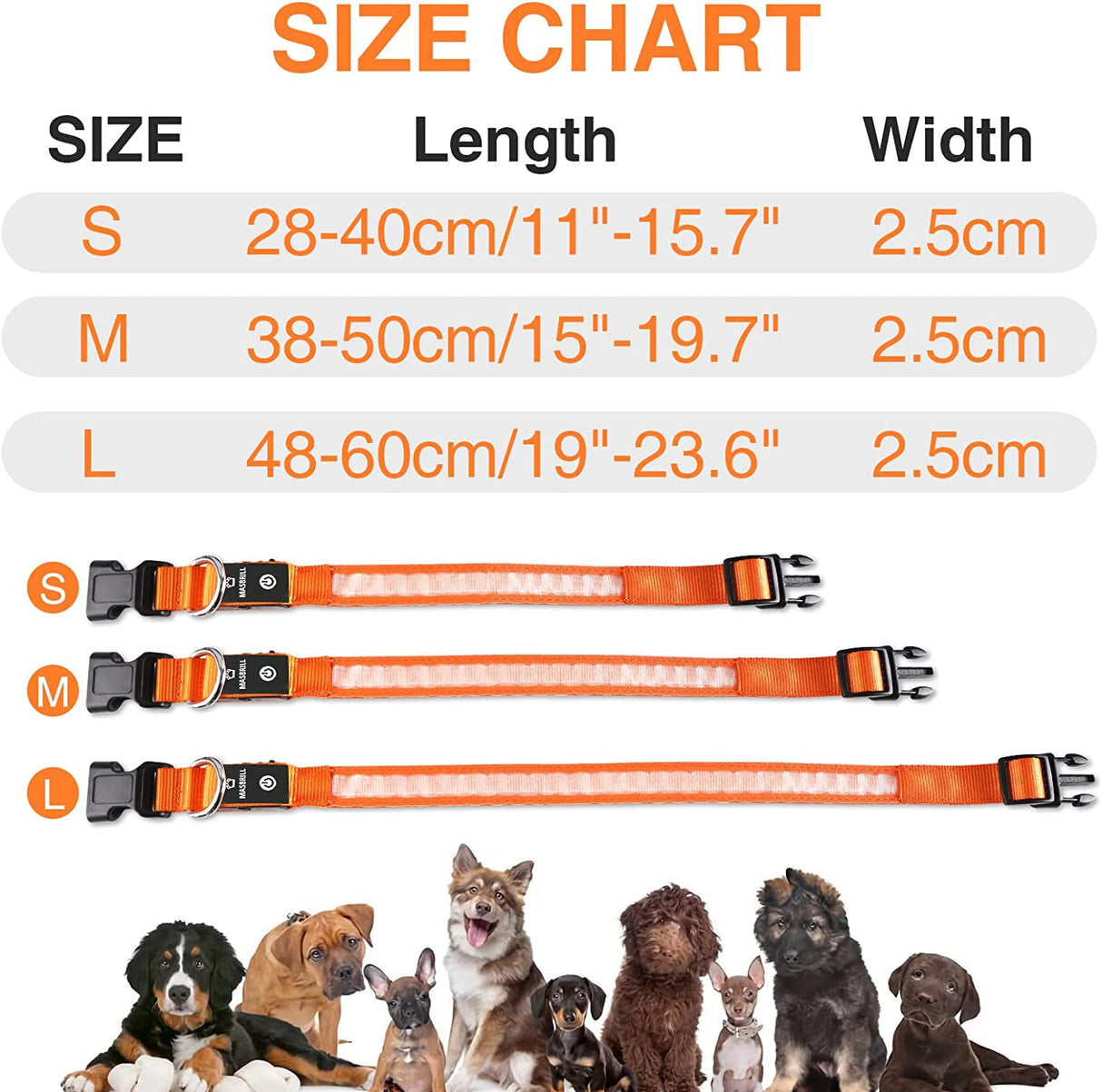 MASBRILL Hundehalsband Leuchtend USB Aufladbar Wasserdichtes LED Leuchthalsband Für Kleine Mittlere Große Hunde Einstellbar Sicherheit Hundehalsband Mit 3 Beleuchtungsmodi - Orange - M