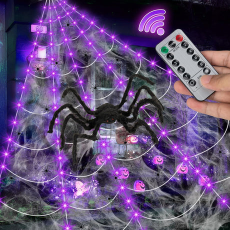 Spider Web Halloween Decoration Outdoor - 16.4Ft Giant Spider Web with Blue Lights, 40G Stretch Spiderweb and 36“ Black Spider for Scary Halloween Yard Garage Lights Outdoor Decorations