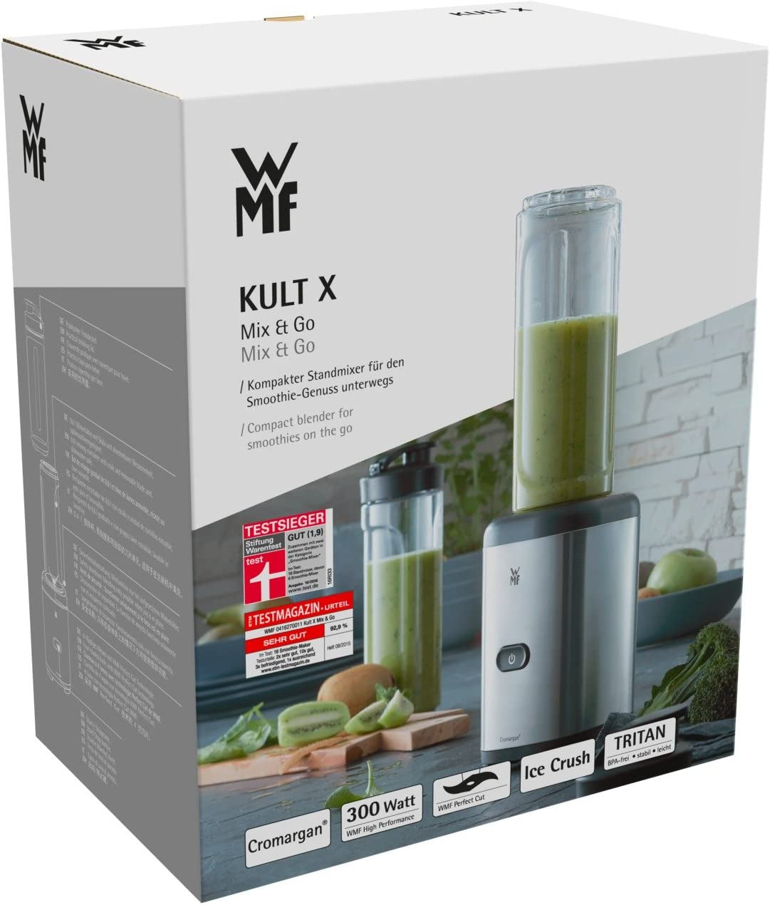 WMF Kult X Mix & Go Mini Smoothie Maker, Standmixer, Blender Elektrisch, Shake Mixer 300 Watt, Tritan-Kunststoff Flasche, Silber