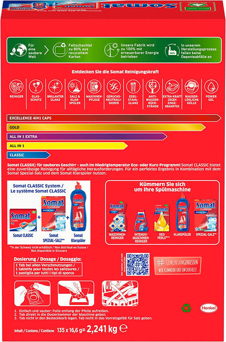 Somat Classic Spülmaschinen Tabs(2X135 Tabs), Geschirrspül Tabs Für Eine Kraftvolle Reinigung, Spültabs Hinterlassen Strahlend Sauberes Geschirr Sogar Bei Niedrigen Temperaturen