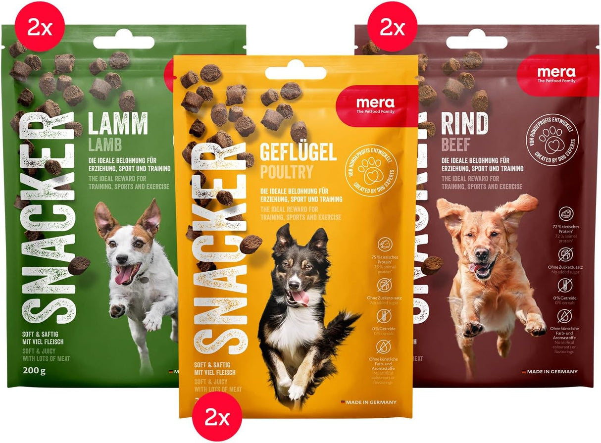 MERA Snacker Mix-Pack Ohne Getreide (6 X 200G), Herzhaft Softe Hundeleckerli Für Training Oder Als Snack, Mit Geflügel, Lamm Und Rind
