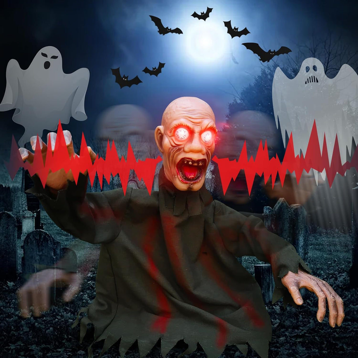 Animated Halloween Decorations Outdoor Scary Groundbreaker Zombie Props with LED Eyes, Swing Body and Creepy Sound, Perfect Zombie Decor for Halloween Lawn Graveyard Haunted House Outdoor Decoration