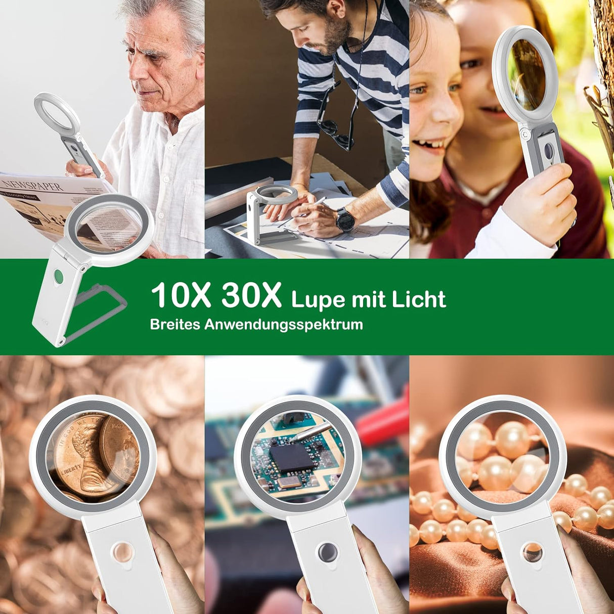 Lupe Mit Licht Und Ständer, 30X 10X Faltbare Leselupe Mit 18 Led-Licht, Dimmbare Große Glas-Handlupe, Schreibtischlupe Für Senioren, Juwelier, Handwerk, Bücher, Münzen, Makuladegeneration